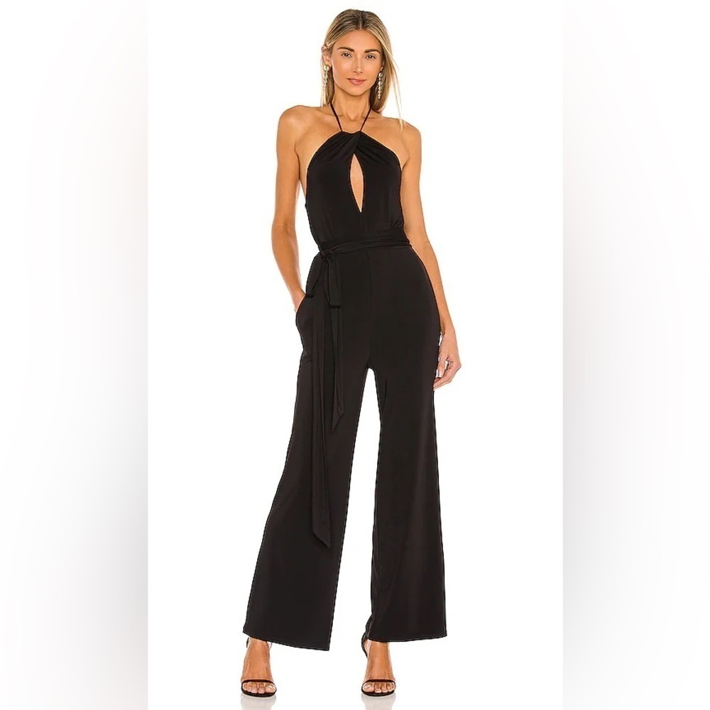 Majorelle / Gianna Stretchy Wide Leg Halter Tie Back Black Jumpsuit L
